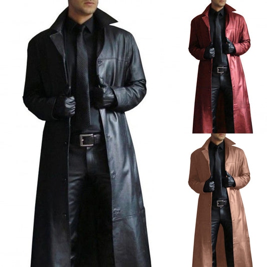 Men's Leather Trench Coat Vintage British Style Windbreaker - Hollasoftshop